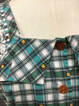 N/L, Green, Cream, Kelly Green, Black, Yellow, Cotton, Plaid, Floral, Sleeveless, Plaid W/Tiny Yellow + Brown Flowers, Shirtwaist W/Amber Starbust Cutout Buttons, Square Collar W/White Embroidery, 2 Hip Pockets, Aline, Hem Below Knee, Early 1960's  **W/Matching Self Fabric Belt