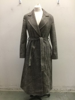 ESCADA, Brown, Cream, Wool, Plaid, Collar Attached, Notched Lapel, Double Breasted, 2 Pockets, Self Belt