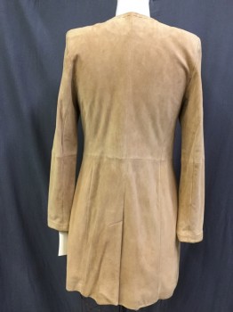 Womens, Coat, NORDSTROM, Caramel Brown, Suede, Solid, B 34, L, Round Neck,  No Closures, Suede Ribbon Woven Around Neck Edge and Front Opening, Back Vent, Princess Seams, No Pockets