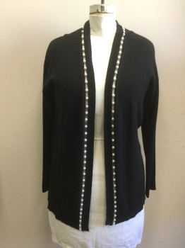 Womens, Sweater, C By BLOOMINGDALES, Black, Cashmere, Solid, XL, Open Front, Pearl Placket Detailing, Long Sleeves
