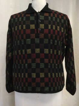 ROSS GRAISON, Black, Rust Orange, Red, Green, Yellow, Wool, Synthetic, Check , Polo Style, 3 Buttons,  Collar Attached,