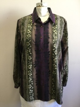 IMAGE, Olive Green, Purple, Taupe, Black, Polyester, Floral, Stripes, Button Front, Collar Attached, Long Sleeves, Shoulder Pads