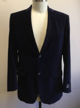 Mens, Sportcoat/Blazer, COSANI COLLEZIONI, Navy Blue, Cotton, Solid, 44L, Velvet, Single Breasted, Collar Attached, Notched Lapel, 2 Buttons,  3 Pockets,