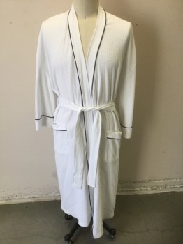Mens, Bathrobe, MAJESTIC , White, Navy Blue, Cotton, Polyester, Solid, XL, White Waffled Texture with Dark Navy Piping at Front Opening, Cuffs and 2 Patch Pockets at Hips, Long Sleeves, **With Matching Sash Belt