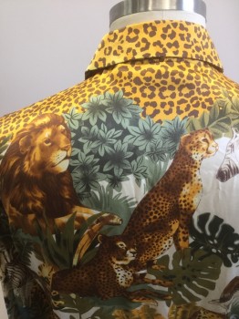 Mens, Club Shirt, N/L, Multi-color, Silk, Novelty Pattern, Animal Print, XL, Orange with Dark Brown Leopard Spots, with Various Wild Animals in Foreground (Giraffes, Elephants, Tigers, Zebras, Etc), Satin, Long Sleeve Button Front, Collar Attached,