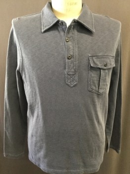 J CREW, Navy Blue, Cotton, Solid, Faded Blue, Long Sleeves, Pleated Patch Pocket