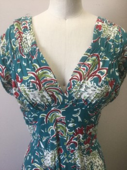 Womens, Dress, Short Sleeve, TRASHY DIVA, Teal Green, Maroon Red, White, Lime Green, Rayon, Spandex, Novelty Pattern, 6, Teal with Novelty Retro Roosters Pattern, Cap Sleeves, V-neck, Ruching at Shoulders and Bust, Full Circle Skirt, Retro 50's Inspired, Knee Length