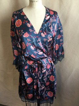 Womens, SPA Robe, CHELSEA, Teal Blue, Coral Orange, Orange, Baby Blue, Cream, Polyester, Floral, S, Open Front, Teal Blue Lace Short Sleeves, & Hem, with Self Matching Belt