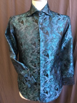 Mens, Club Shirt, DANIEL ELLISSA, Teal Blue, Turquoise Blue, Black, Gray, Purple, Polyester, Floral, M, Collar Attached, Black Square Button Front, Long Sleeves,