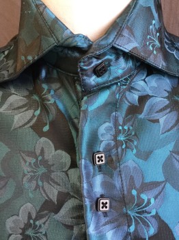 Mens, Club Shirt, DANIEL ELLISSA, Teal Blue, Turquoise Blue, Black, Gray, Purple, Polyester, Floral, M, Collar Attached, Black Square Button Front, Long Sleeves,