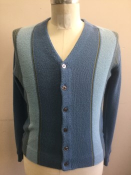 SEARS SPORTSWEAR, Powder Blue, Baby Blue, Olive Green, Acrylic, Stripes - Vertical , Cardigan, Powder Blue with Baby Blue Vertical Stripes at Either Side of Front, Smaller Olive Stripes, Knit, Long Sleeves, V-neck, 6 Buttons,