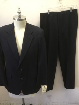 Mens, 1980s Vintage, Suit, Jacket, HART SCHAFFNER MARX, Navy Blue, Lt Gray, Wool, Stripes - Pin, 42 L, 2 Buttons,  Notched Lapel, 3 Pockets,