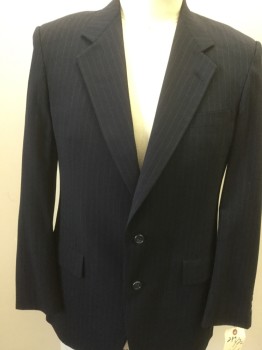 Mens, 1980s Vintage, Suit, Jacket, HART SCHAFFNER MARX, Navy Blue, Lt Gray, Wool, Stripes - Pin, 42 L, 2 Buttons,  Notched Lapel, 3 Pockets,