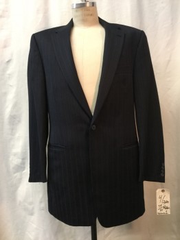 NO LABEL, Navy Blue, Green, Gray, Wool, Stripes - Pin, Navy, Gray & Green Pinstripes, Notched Lapel, Collar Attached, 1 Button, 3 Pockets,