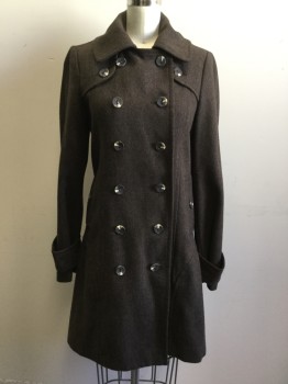 BCBG, Brown, Wool, Viscose, Tweed, Double Breasted, Wide Collar Attached, Marbled Buttons, 2 Pockets, Button Tab Sleeve Cuffs, Shoulder Button Down Flaps, Back Yoke Flap