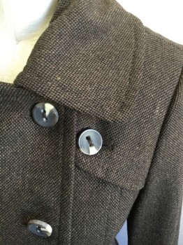 BCBG, Brown, Wool, Viscose, Tweed, Double Breasted, Wide Collar Attached, Marbled Buttons, 2 Pockets, Button Tab Sleeve Cuffs, Shoulder Button Down Flaps, Back Yoke Flap