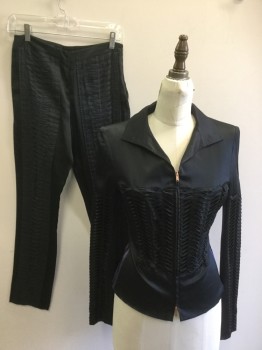 GUCCI, Black, Silk, Spandex, Solid, Black, Collar Attached, Copper Zip Front, Horizontal Pleat/tuck Design on Front & on Long Sleeves, & Back Panel, 2 Purple Vertical Stripes on the Side