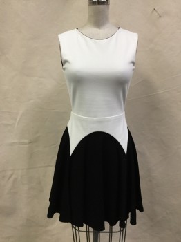 MASON, Cream, Black, Cotton, Lycra, Solid, Jersey Knit Cream Bodice with Black Skirt. Flared Skirt with Rounded Shape at Skirt Yoke Line, Zipper Center Back,