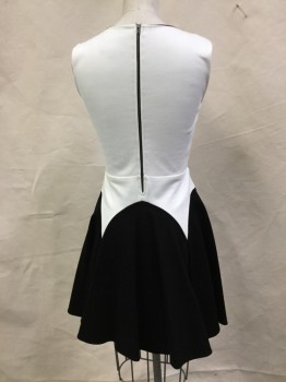 MASON, Cream, Black, Cotton, Lycra, Solid, Jersey Knit Cream Bodice with Black Skirt. Flared Skirt with Rounded Shape at Skirt Yoke Line, Zipper Center Back,