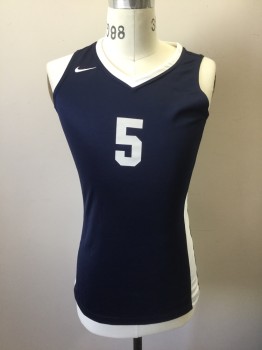 Unisex, Jersey, NIKE DRI FIT, Navy Blue, White, Polyester, Color Blocking, M, Navy with White V-neck, White Panels at Sides with Navy Stripes, Sleeveless, "5" at Front and Back