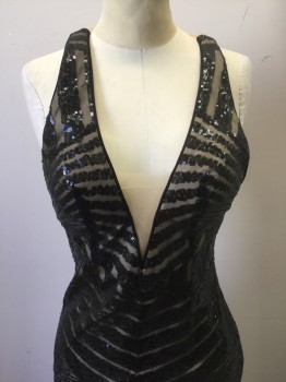 Womens, Evening Gown, BASIX, Black, Beige, Polyester, Sequins, Stripes, 2, Black Sheer Net Over Beige Opaque Under Layer, Black Sequinned Stripes of Varying Widths and Directions, Sleeveless, V-neck with Beige See-Thru Net Triangular Pane & Back Shoulders, Floor Length Hem