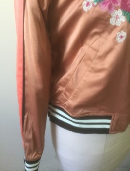 Womens, Casual Jacket, MOSSIMO, Terracotta Brown, Coral Orange, Black, White, Magenta Pink, Polyester, Spandex, Solid, Floral, M, Bomber Jacket, Terracotta Satin with Coral Stripe at Shoulders, Floral Embroidery at Chest, Zip Front, Black and White Rib Knit Striped Cuffs/Neck/Waistband, Palm Tree Embroidery in Back