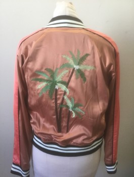 Womens, Casual Jacket, MOSSIMO, Terracotta Brown, Coral Orange, Black, White, Magenta Pink, Polyester, Spandex, Solid, Floral, M, Bomber Jacket, Terracotta Satin with Coral Stripe at Shoulders, Floral Embroidery at Chest, Zip Front, Black and White Rib Knit Striped Cuffs/Neck/Waistband, Palm Tree Embroidery in Back