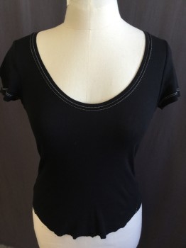 Womens, Top, & OTHER STORIES, Black, Cotton, Solid, S, White Double Seams, Scoop Neck, Cap-Toe, Sleeveless,  Raw Hem