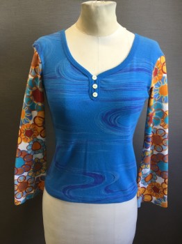 Womens, T-Shirt, CUSTO BARCELONA, Teal Blue, Orange, Red, Blue, Lt Blue, Cotton, Swirl , B 34, Blue with Purple/Light Blue Swirls Body, Multicolor Circle Pattern Long Sleeves, Scoop Neck with 3 Buttons,  Ribbed Knit Neck, (small Hole in Left Shoulder)