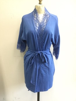 Womens, SPA Robe, IN BLOOM, Blue, Cotton, Modal, Solid, S/P, Lace Lapel/Cuff, 3/4 Sleeve, Open Front, Interior Tie, Self Belt, Belt Loops,