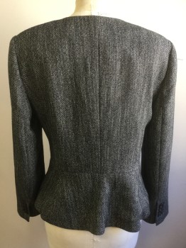 ANN TAYLOR, Charcoal Gray, Lt Gray, Black, Polyester, Rayon, 2 Color Weave, 3 Hooks & Eyes, Peplum, No Collar or Lapel