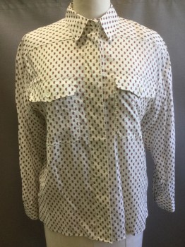 Womens, Shirt, LIZ CLAIBORNE, White, Red, Black, Cotton, Paisley/Swirls, 12, L/S, Button Front, Collar Attached, Hidden Placket, 2 Pockets With Flaps