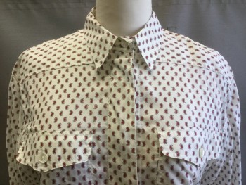 Womens, Shirt, LIZ CLAIBORNE, White, Red, Black, Cotton, Paisley/Swirls, 12, L/S, Button Front, Collar Attached, Hidden Placket, 2 Pockets With Flaps
