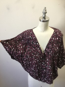Womens, Top, TOP SHOP, Dk Purple, Ivory White, Navy Blue, Viscose, Animal Print, 2, 3 Buttons,  Short Sleeves, Pleats at Shoulders, Button Front,