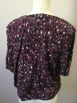 Womens, Top, TOP SHOP, Dk Purple, Ivory White, Navy Blue, Viscose, Animal Print, 2, 3 Buttons,  Short Sleeves, Pleats at Shoulders, Button Front,