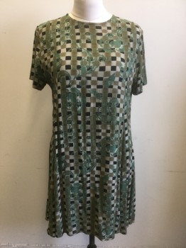 SWEET LIFE, Multi-color, Olive Green, Sage Green, Taupe, Black, Rayon, Geometric, Floral, Checkerboard Squares with Seafoam Floral Swirls, Short Sleeves, Round Neck, Shift Dress, Hem Above Knee,