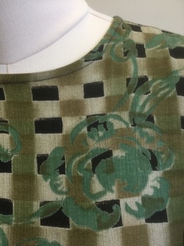 SWEET LIFE, Multi-color, Olive Green, Sage Green, Taupe, Black, Rayon, Geometric, Floral, Checkerboard Squares with Seafoam Floral Swirls, Short Sleeves, Round Neck, Shift Dress, Hem Above Knee,