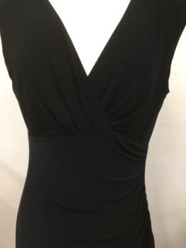 RALPH LAUREN, Black, Polyester, Spandex, Solid, Cross Over Rouched Bust, Capsleeve, Shoulder Pads, Faux Wrap, Rouched Side Waist