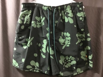 Mens, Swim Trunks, QUICK SILVER, Faded Black, Olive Green, Polyester, Nylon, Floral, Abstract , L, Faded Black with Olive Abstract Floral Print, Elastic & D-string Waist Band, 2 Side Pockets