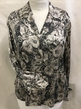 Womens, Blouse, DANA BUCHMAN, Beige, Black, Gray, Silk, Floral, Leaves/Vines , 14, Collar Attached, Button Front, Long Sleeves,
