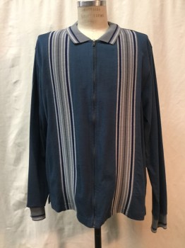 Mens, Cardigan Sweater, URBAN OUTFITTERS, Slate Blue, Gray, Navy Blue, Cotton, Solid, Stripes, L, Slate Blue, Gray & Navy Stripes & Trim, Zip Front