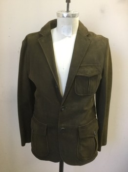 Mens, Leather Jacket, POLO RALPH LAUREN, Brown, Leather, Solid, 40R, Suede Blazer, Single Breasted, 3 Buttons, Collar Attached, Notched Lapel, Long Sleeves, 3 Flap Pockets, Pleated Center Back