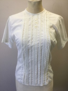 JUDY BOND, White, Cotton, Solid, Stripes - Vertical , Short Sleeves, Vertical Rows of White Lace at Center Front, Round Neck,  Button Closures in Back, 3 Small Cream Decorative Buttons at Center Front,