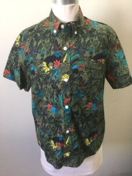 OLD NAVY, Olive Green, Black, Red, Yellow, Turquoise Blue, Cotton, Spandex, Novelty Pattern, Tropical , Boys, Olive with Black Jungle Leaves/Foliage with Hidden Animals (Toucan, Sloth, Panther, Etc), Accents of Yellow, Bright Red, and Turquoise, Short Sleeve Button Front, Collar Attached, Button Down Collar, 1 Patch Pocket