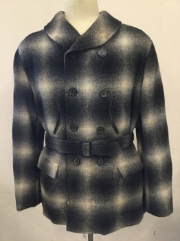 Mens, Coat, MTO, Black, Gray, Cream, Wool, Plaid, 46R, Heavy Winter Jacket/Coat in Large Scale Plaid. Double Breasted, Shawl Collar with MATCHING SELF BELT, 2 Patch Pockets with Flaps. 2 Curved Leather Trim Pockets at Waist Upper Front, 3 Belt Loops. Some Repair Detail at Collar Front Left and on Right Front Pocket. See Photo Detail, 1940's-1950's