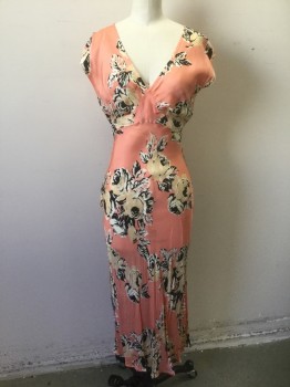 OGGI COLLECTION, Peachy Pink, Beige, Tan Brown, Black, Silk, Floral, Cap Sleeve, V-neck, Gathered at Bust with Self Belt Ties at Center Front Waist, Bias Cut Below Waist, Ankle Length,