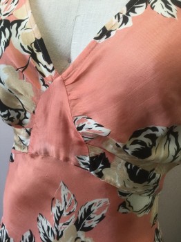 OGGI COLLECTION, Peachy Pink, Beige, Tan Brown, Black, Silk, Floral, Cap Sleeve, V-neck, Gathered at Bust with Self Belt Ties at Center Front Waist, Bias Cut Below Waist, Ankle Length,