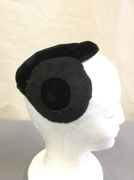 Womens, Hat, N/L, Black, Rayon, Solid, Velvet Cap with Pleated Ribbon Earmuff Detail,