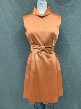 N/L, Copper Metallic, Silk, Solid, Wide Droopy Band Collar, Sleeveless. Pleated Skirt, Zip Back, Self Belt with Bow with Hook & Eyes in Front,