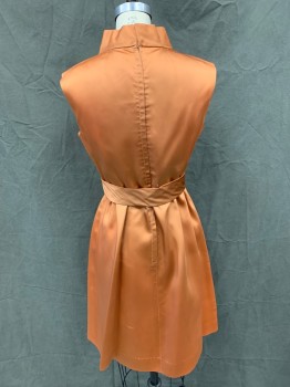 Womens, Cocktail Dress, N/L, Copper Metallic, Silk, Solid, W 26, B 34, Wide Droopy Band Collar, Sleeveless. Pleated Skirt, Zip Back, Self Belt with Bow with Hook & Eyes in Front,